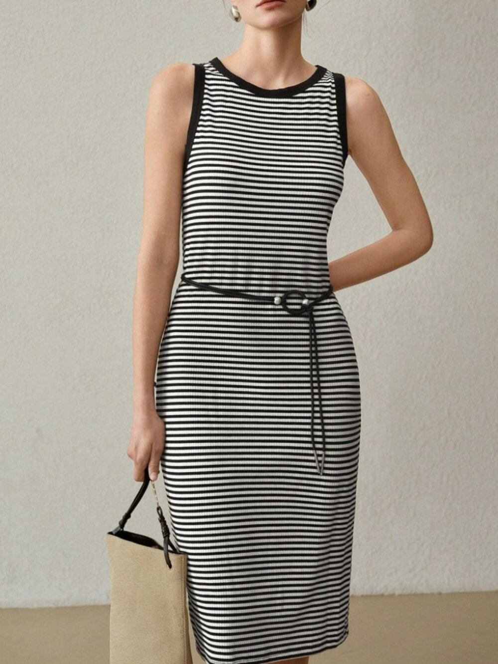 Black White Striped Ribbed Knit Round Neck Sleeveless Midi Dress